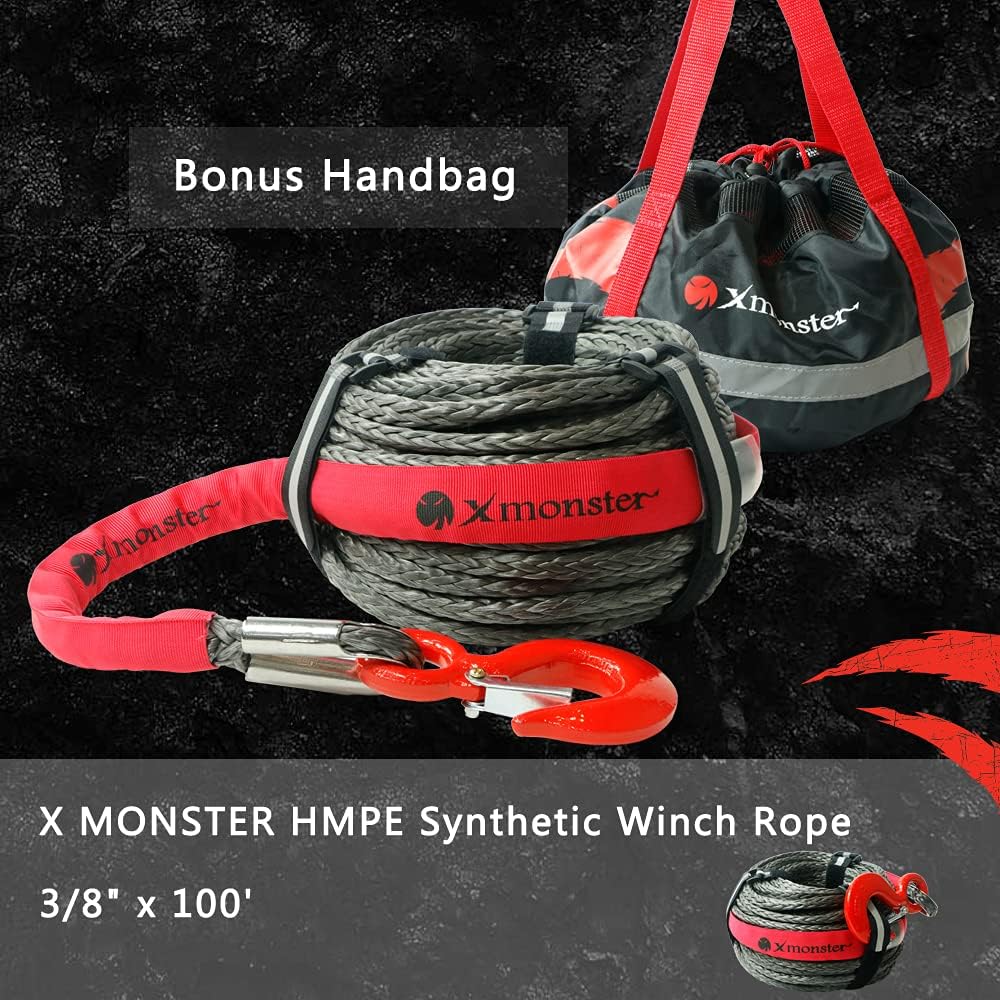 3/8" x 100' 19,000 lbs Synthetic Winch Rope Kit with Hook and Sleeve Protection F175