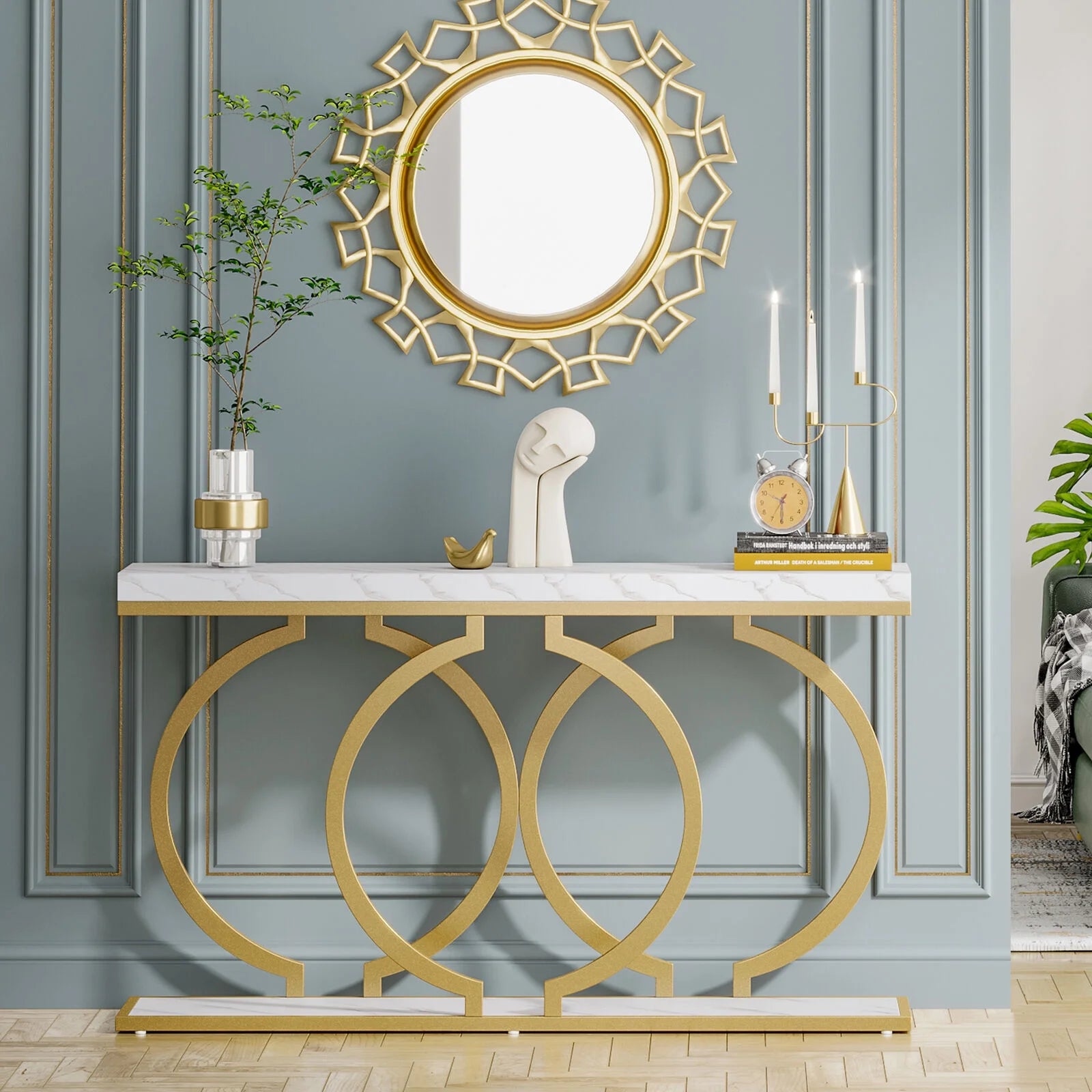 White & Gold Faux Marble Console Sofa Table J514437