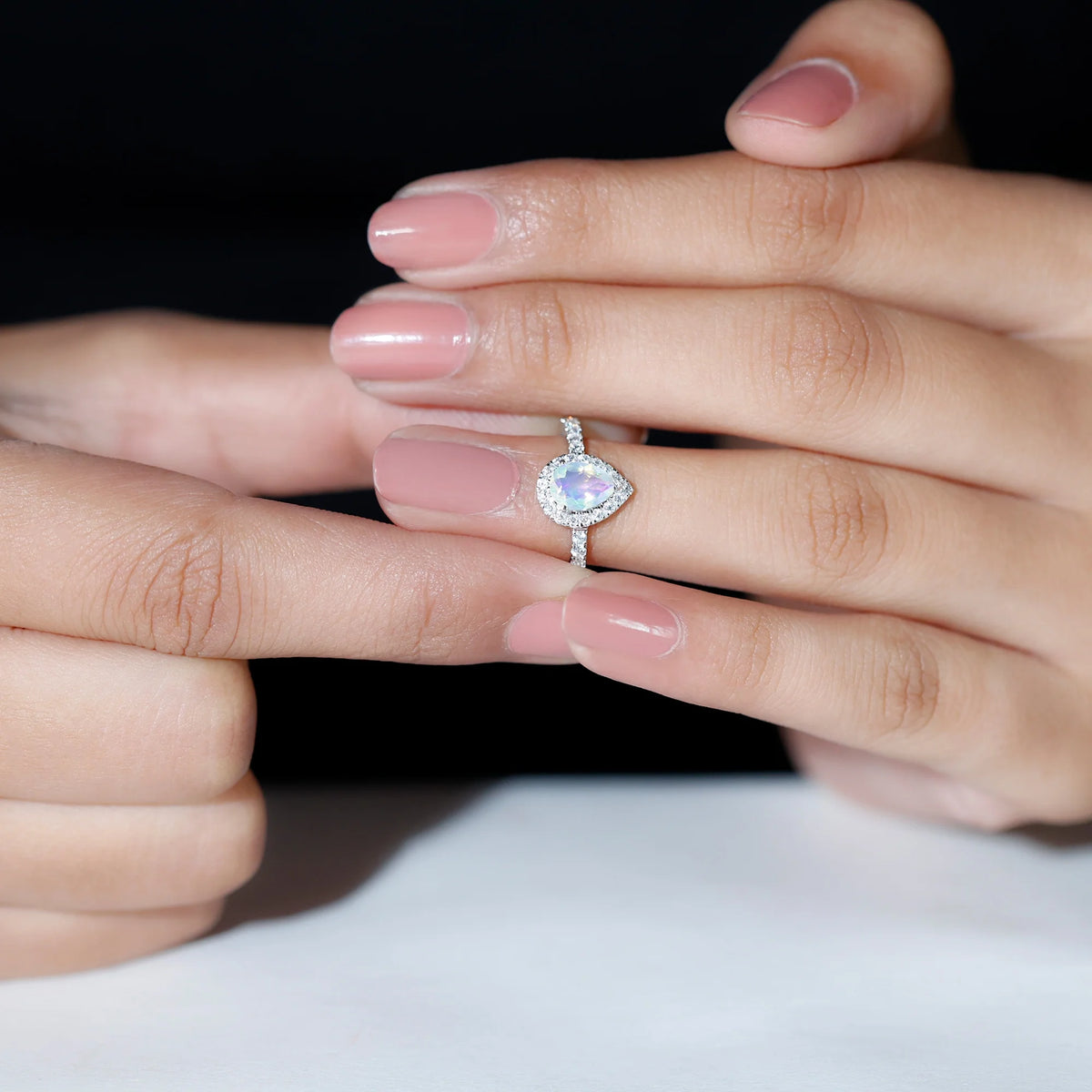 14K White Gold Teardrop Ring with Diamond Halo I2318