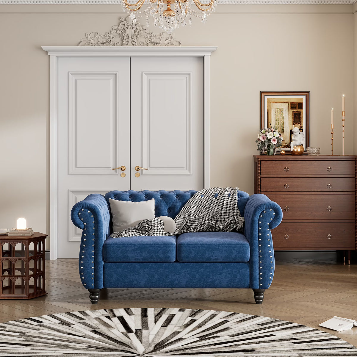 Blue Plush Upholstered Sofa with Solid Wood Legs V292396