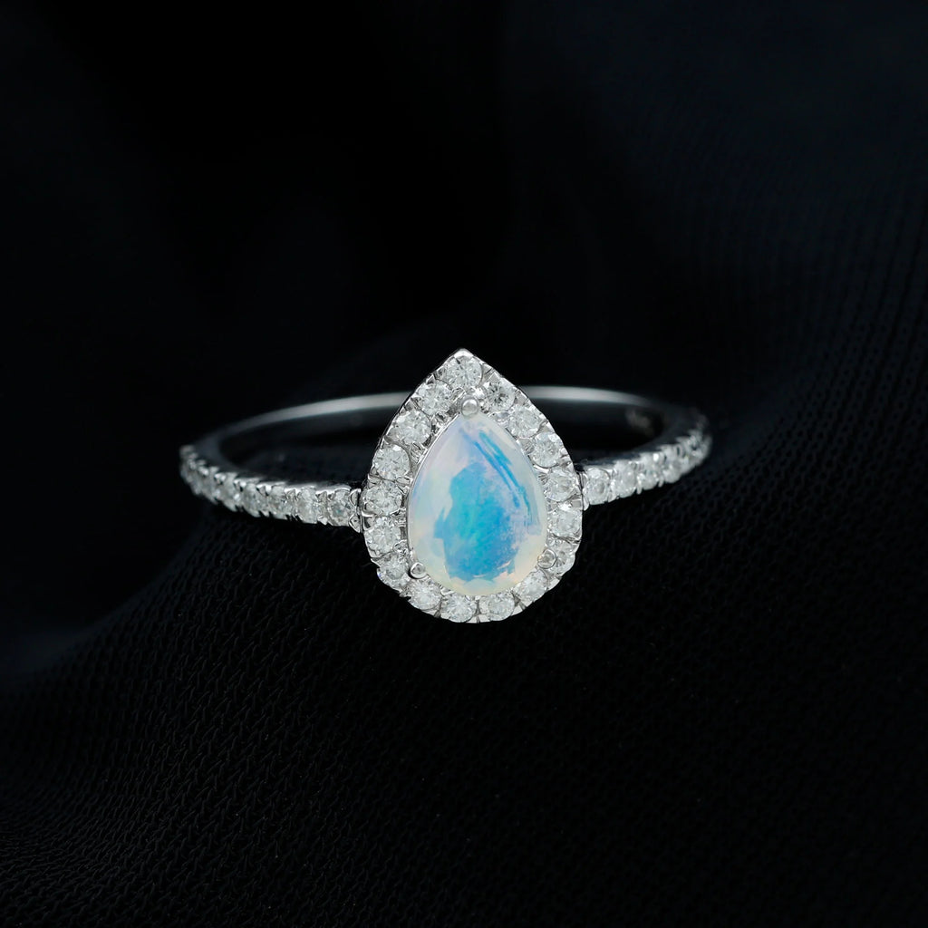 14K White Gold Teardrop Ring with Diamond Halo I2318