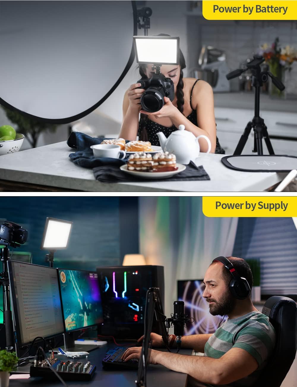 LED Video Light, Bi-Color, Rechargeable Battery, LCD Display, USB, Pack of 2 X45027