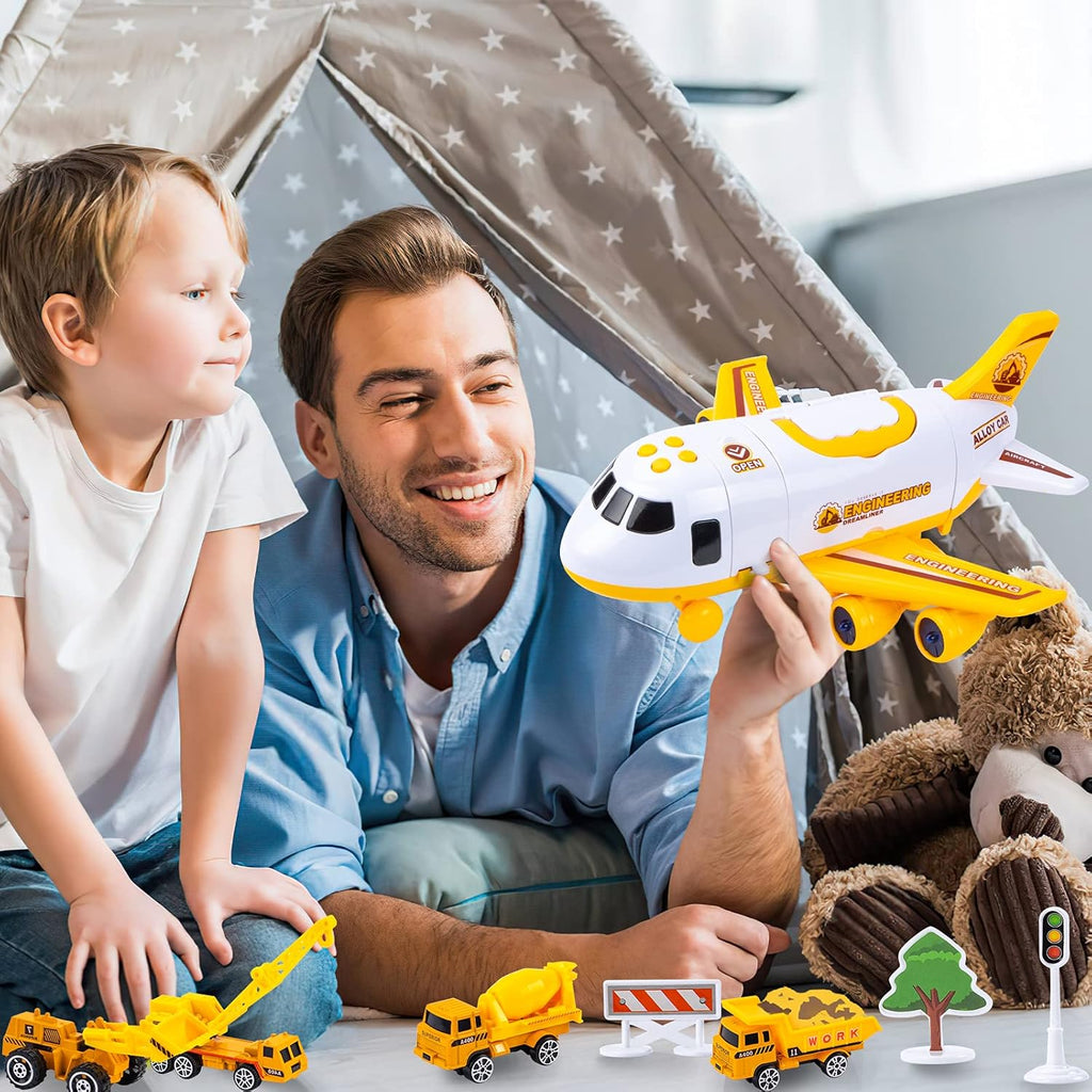 Toddler Airplane Toys with Lights and Sounds, Transport Cargo Airplane with 4 Construction Cars A54227