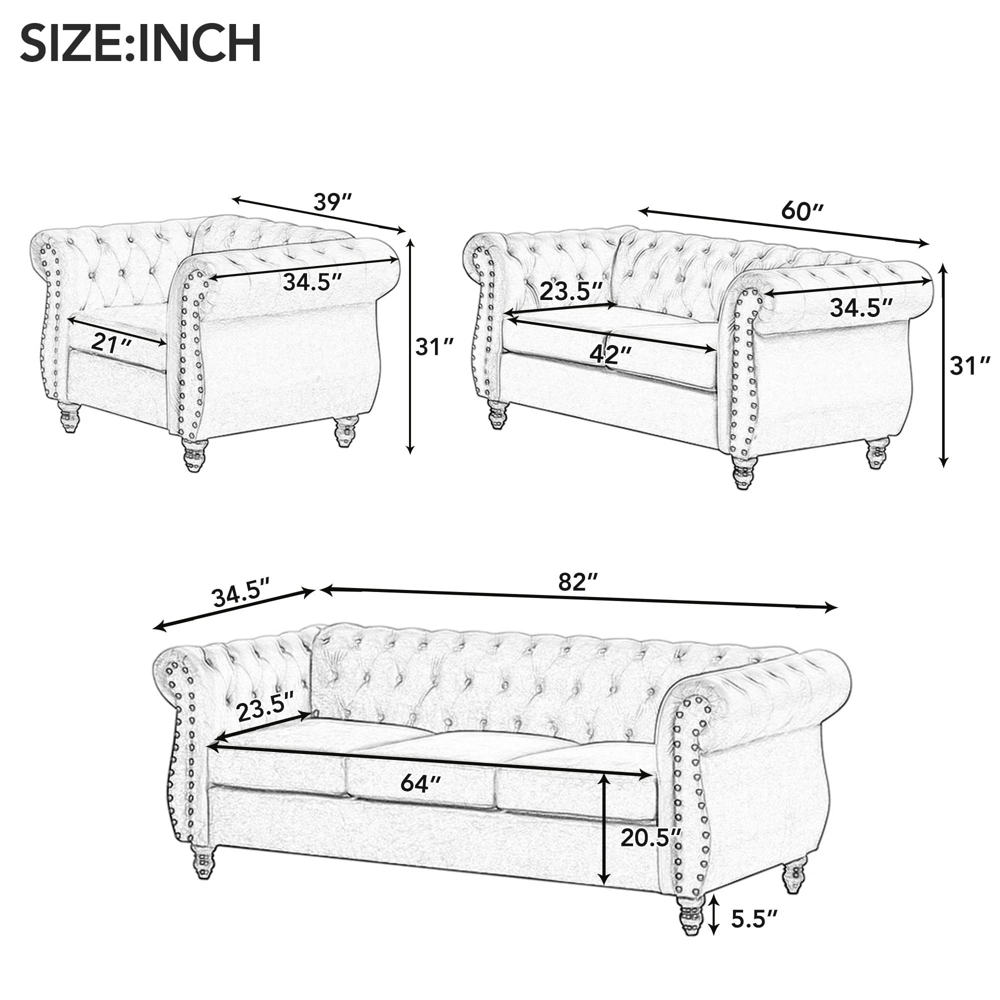 Blue Plush Upholstered Sofa with Solid Wood Legs V292396
