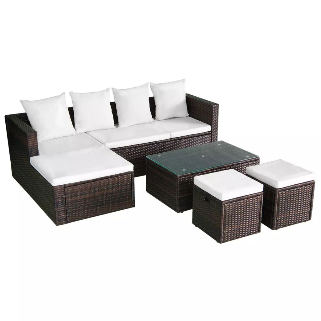 4 Piece Outdoor Conversation Set Cushioned Corner Sofa with Coffee Table and 2 Ottomans Brown Poly Rattan C72122