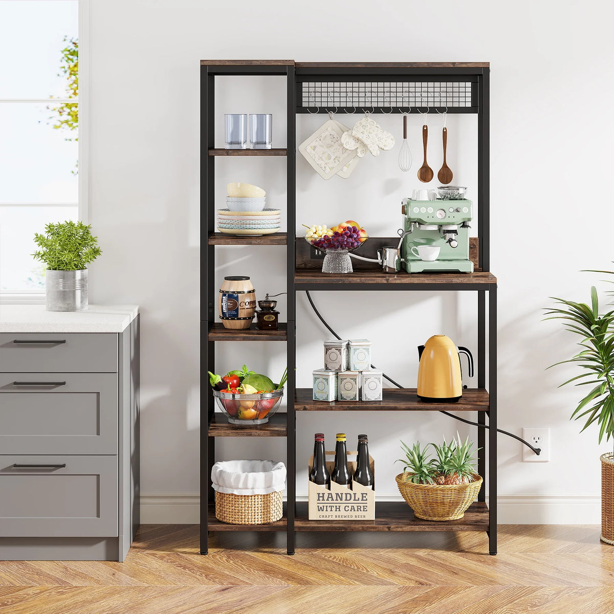 8-Tier Kitchen Baker's Rack with Power Outlets, Microwave Oven Stand with 8 S-Shaped Hooks L2645